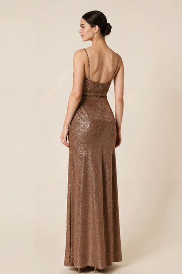 Glitter Coffee Sheath Spaghetti Straps Long Evening Dress